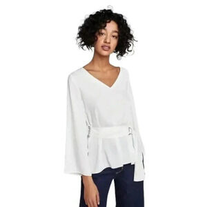 Zara White Blouse Top With Belt  V-Neck Flowy Size Small